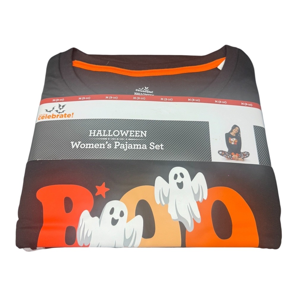 Way to Celebrate Halloween Boo Crew Pajama Set Black Soot Womens M NEW